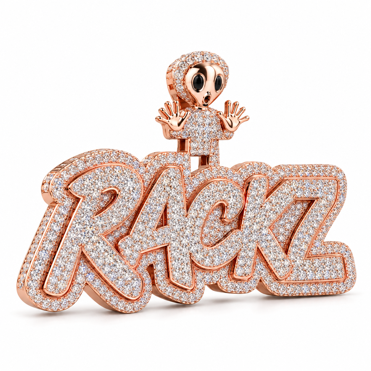 Custom RACKZ Alien Iced Out Rose Gold-Tone Name Pendant – Personalized Hip Hop Jewelry