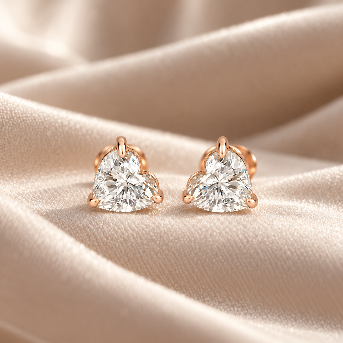 Heart-Shaped Solitaire Stud Earrings in Rose Gold Tone