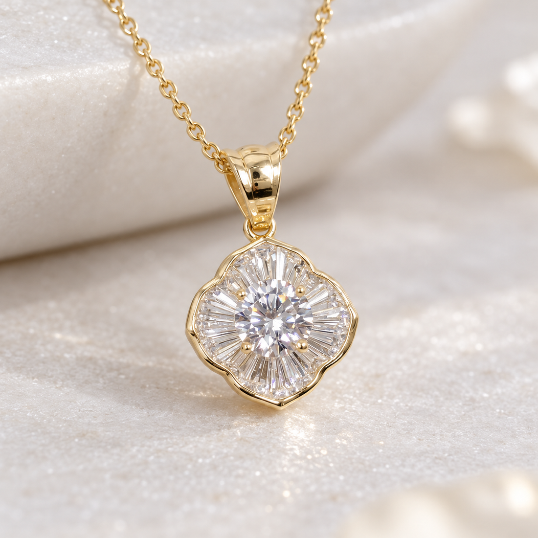 Round Cut Baguette Halo Floral Yellow Gold Pendant Necklace