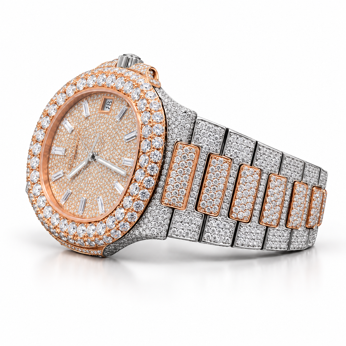 Iced Out Round Two Tone Rose Gold & Silver-Tone Watch – Custom Diamond Statement Watch