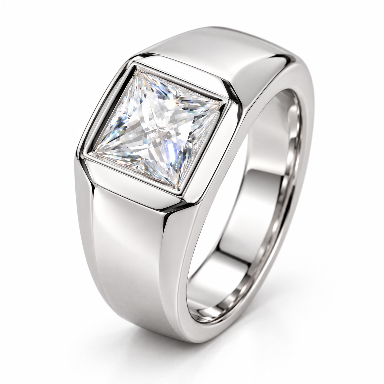 Princess Cut Solitaire White Metal Bezel-Style Signet Ring
