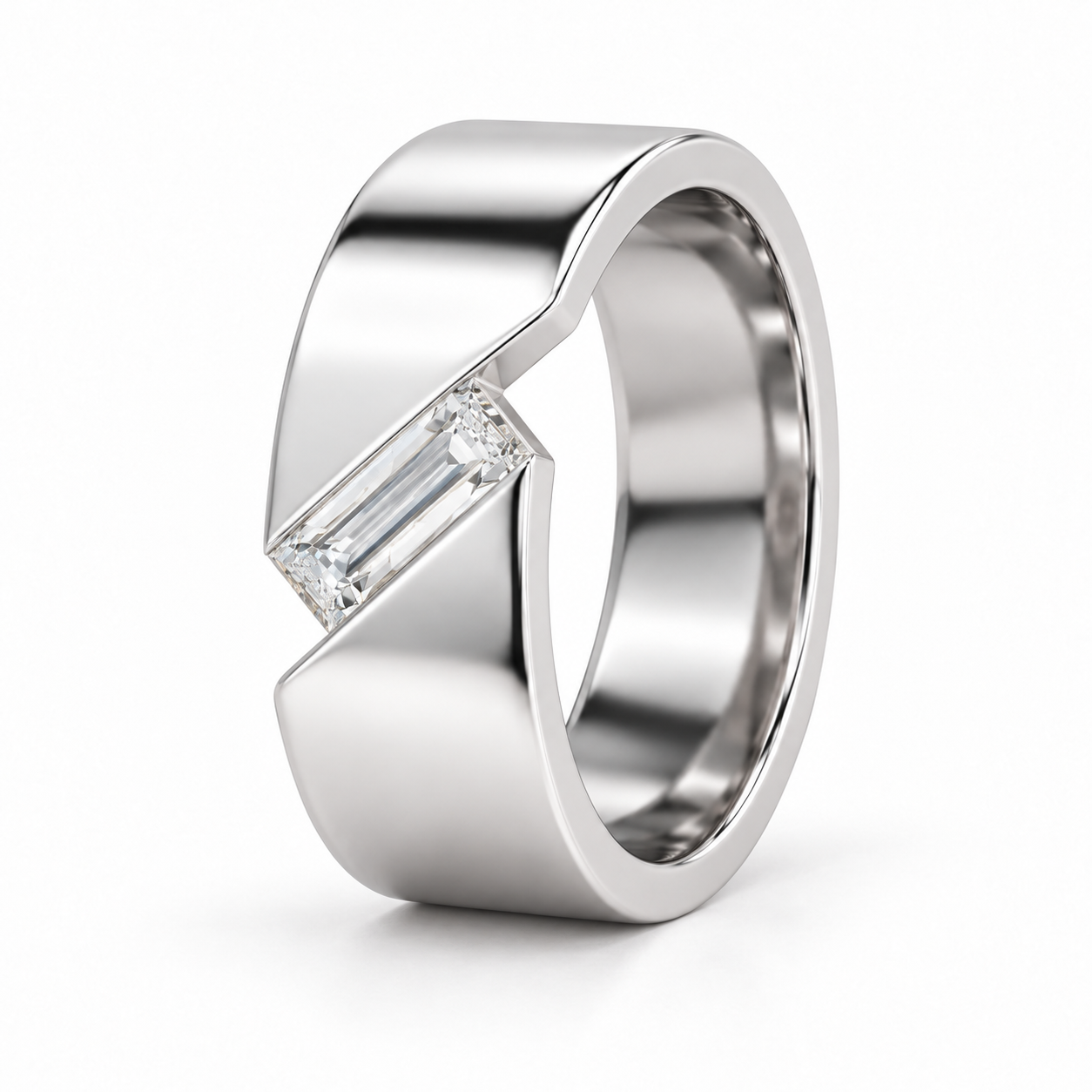 Diagonal Baguette Solitaire White Metal Wide Band Ring