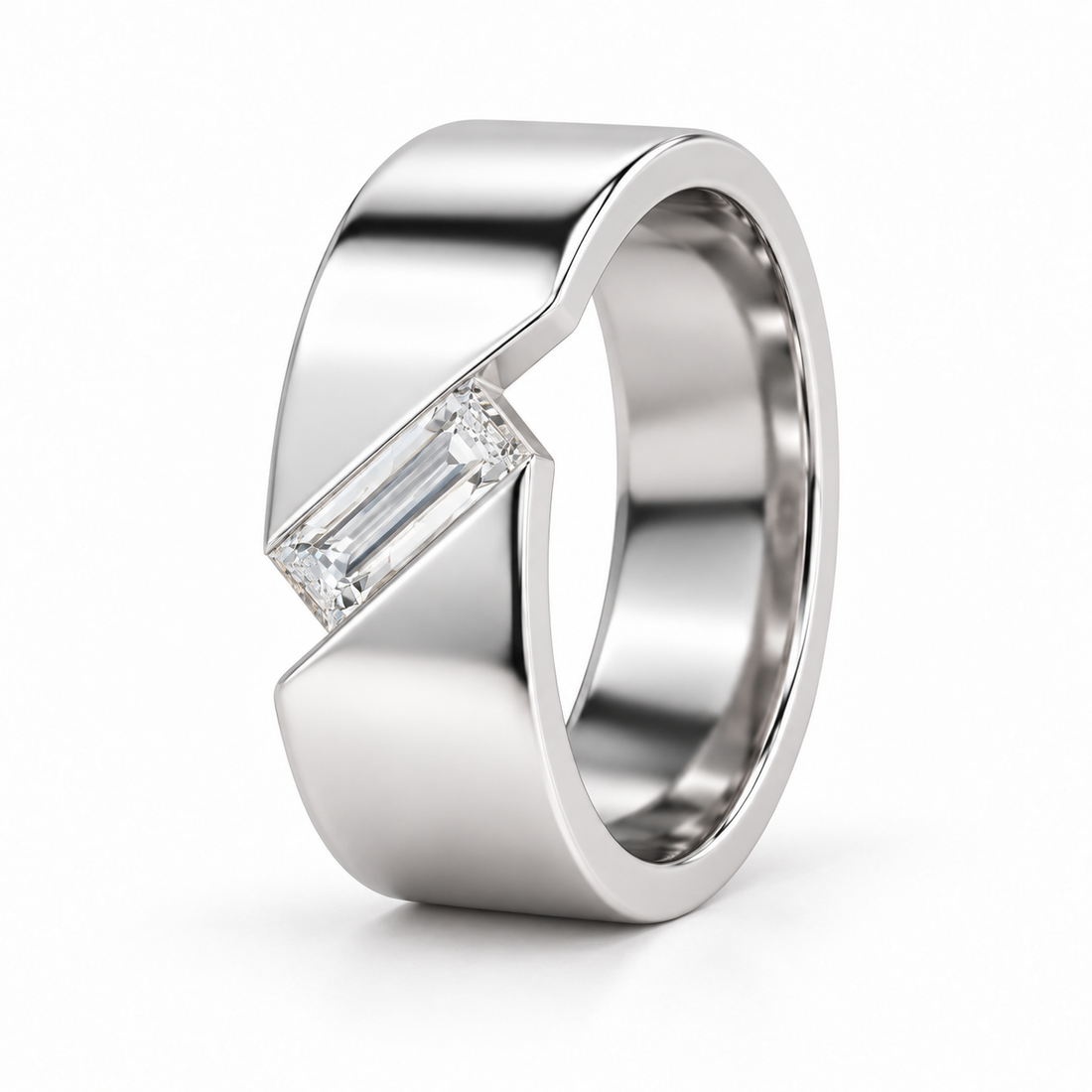 Diagonal Baguette Solitaire White Metal Wide Band Ring