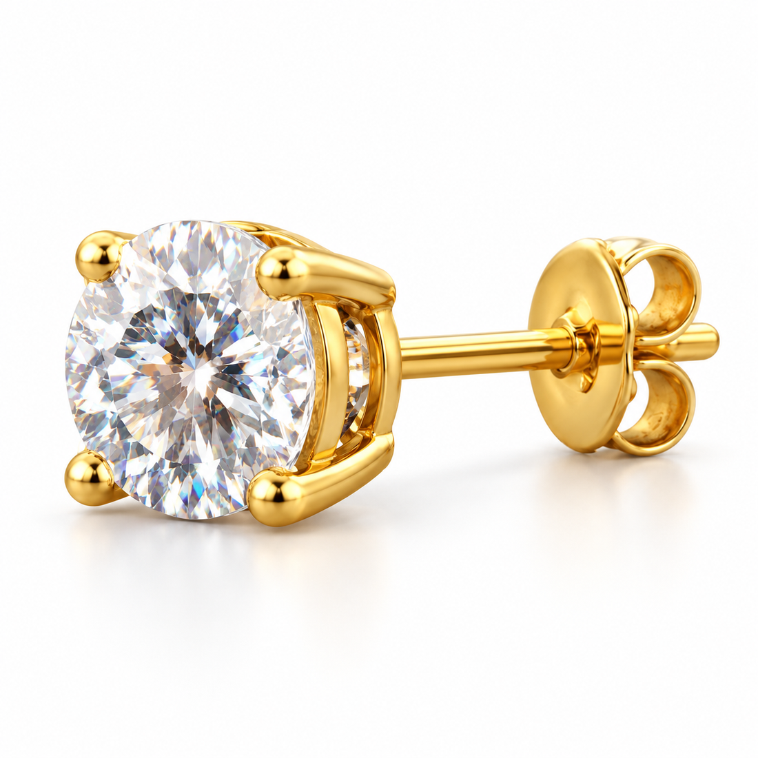 Men’s Round Solitaire Yellow Gold-Tone Four-Prong Stud Earring