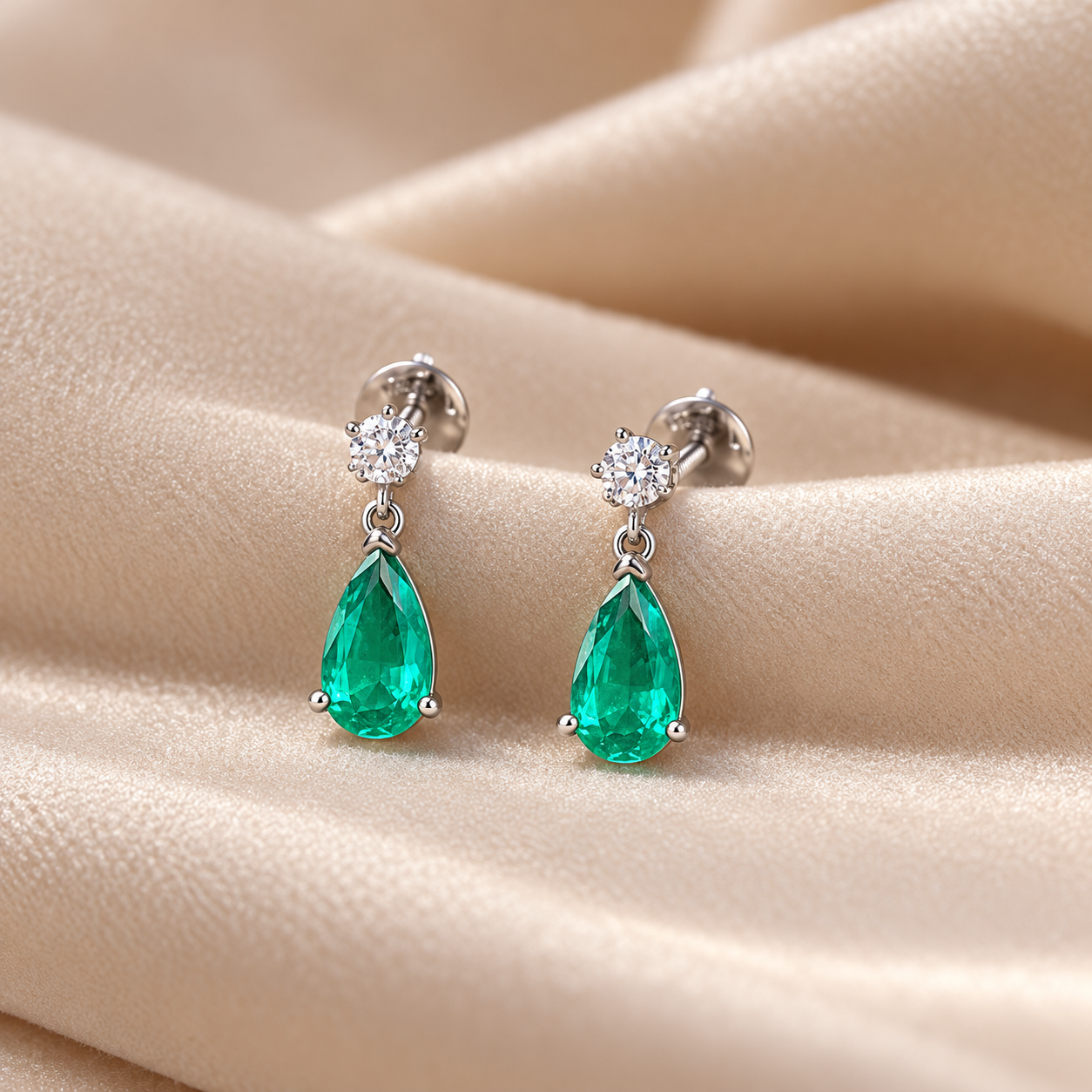 Green Pear & Round Clear Stone Drop Earrings with Screw Backs