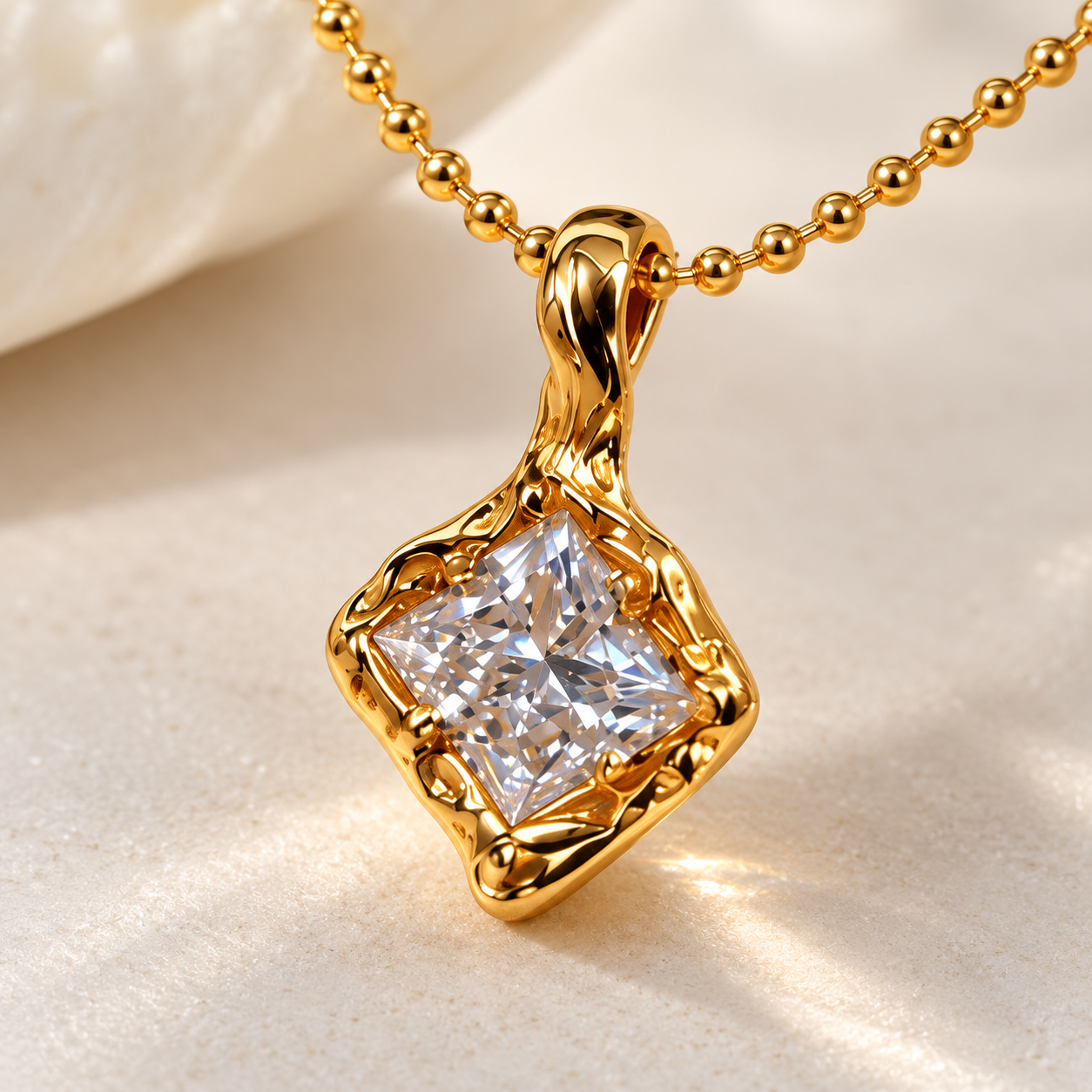 Princess Cut Solitaire Organic Frame Yellow Gold Pendant Necklace