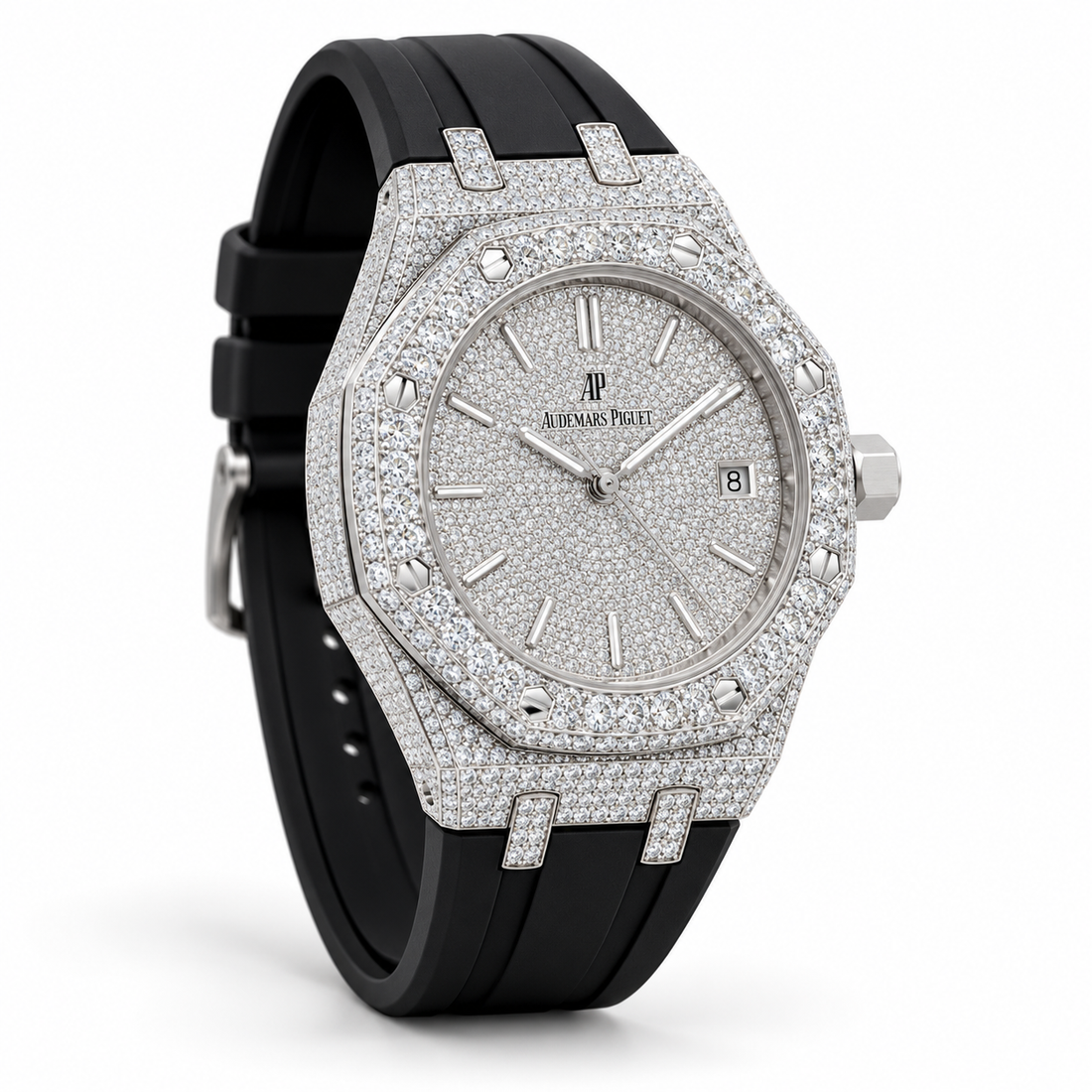 Iced Out Octagonal Silver-Tone Watch with Black Strap – Custom Diamond Statement Watch