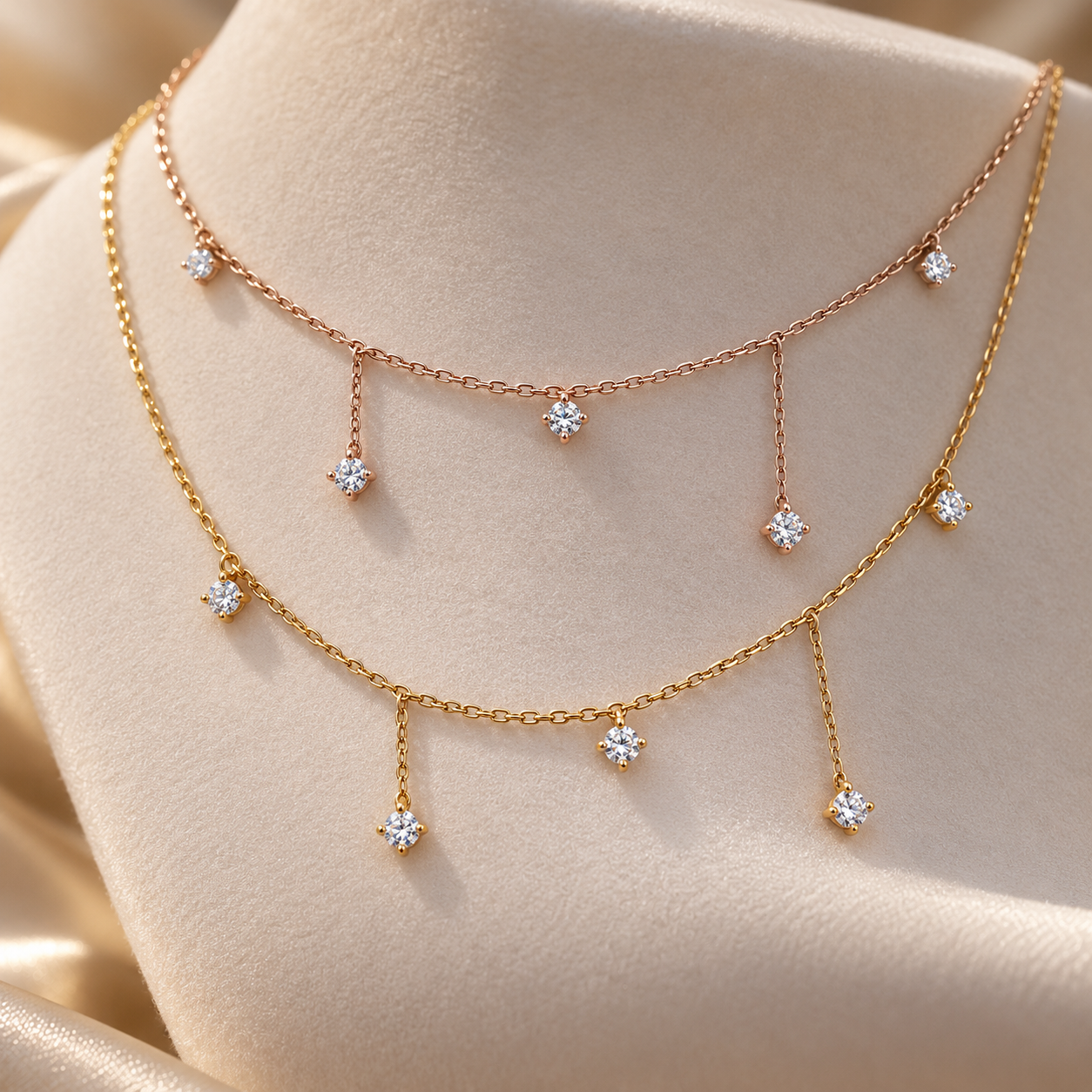 Two Tone Double Layer Round Cut Diamond Drop Gold Necklace