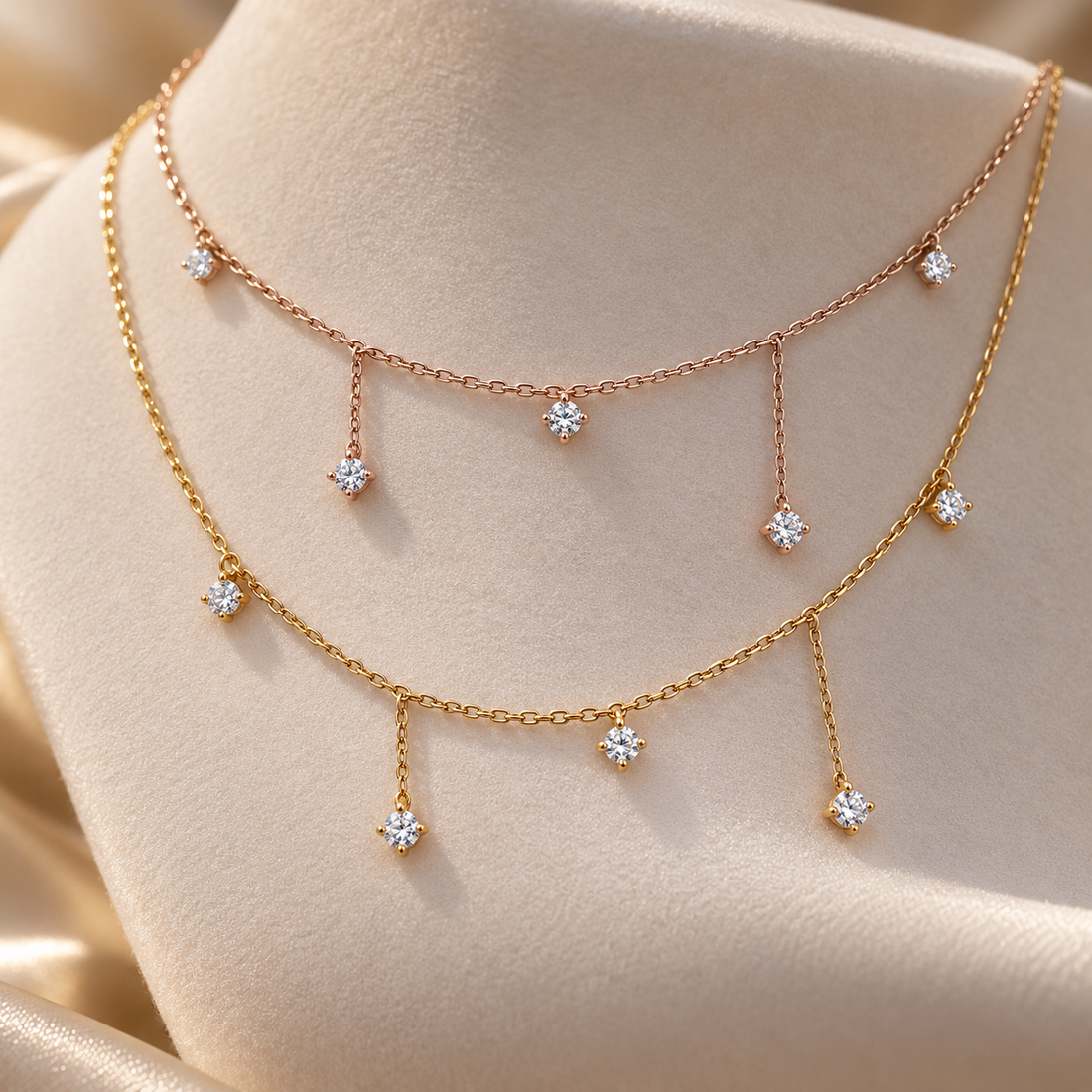 Two Tone Double Layer Round Cut Diamond Drop Gold Necklace