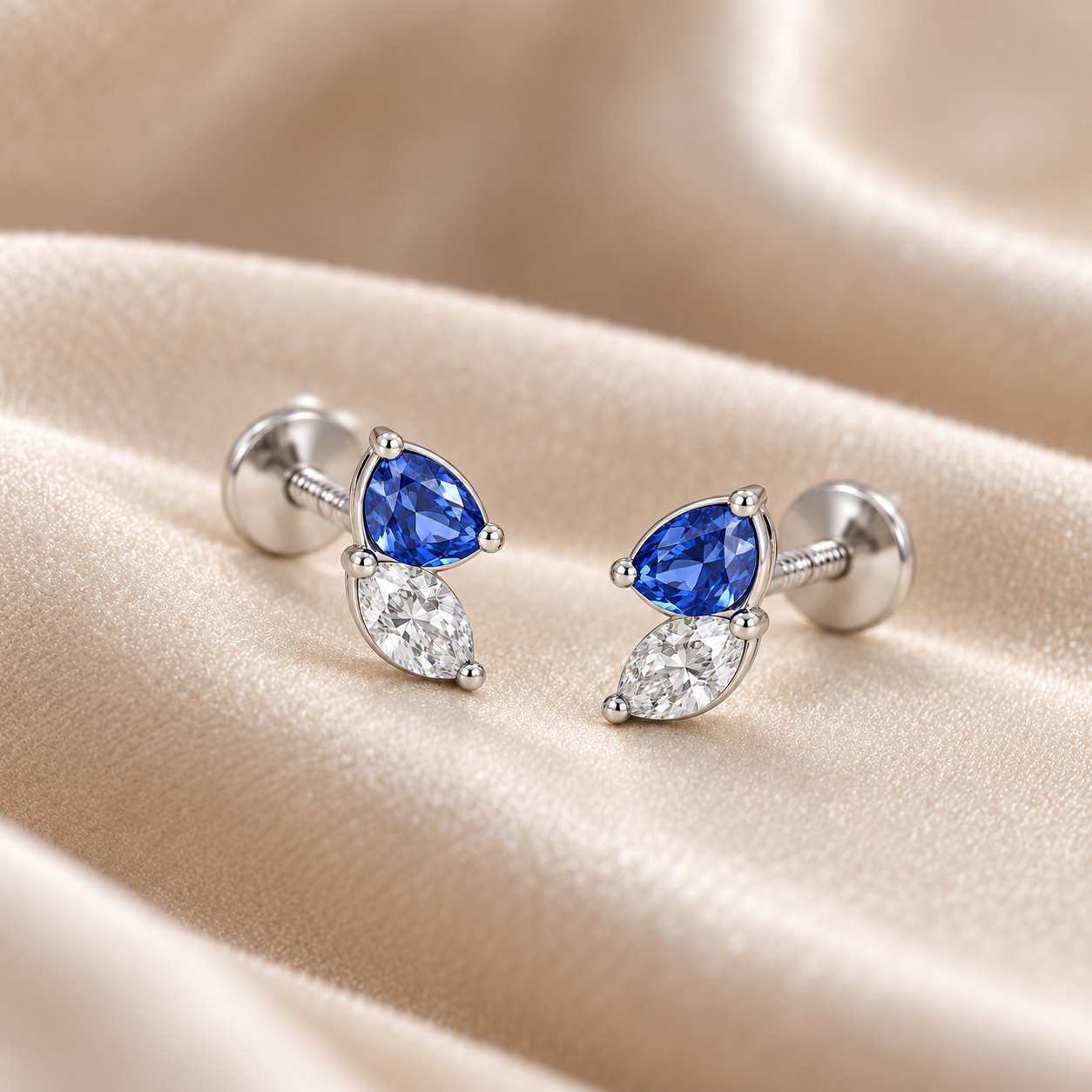 Blue Pear & Clear Marquise Two-Stone Stud Earrings