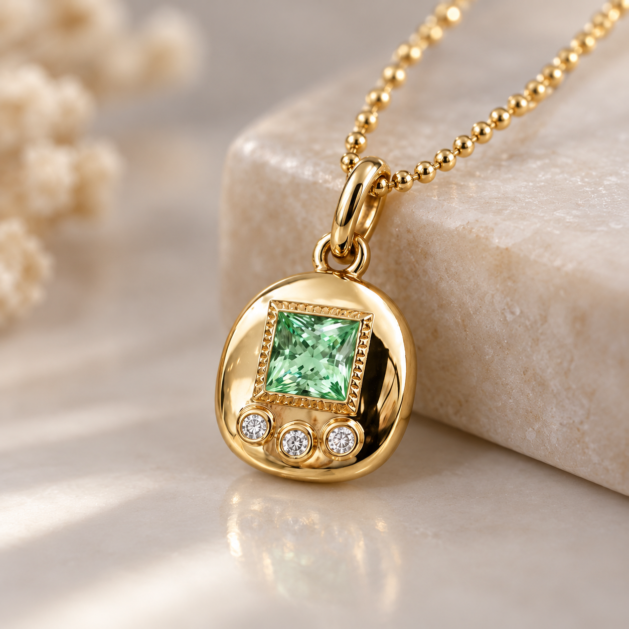 Princess Cut Green Stone Yellow Gold Disc Pendant Necklace