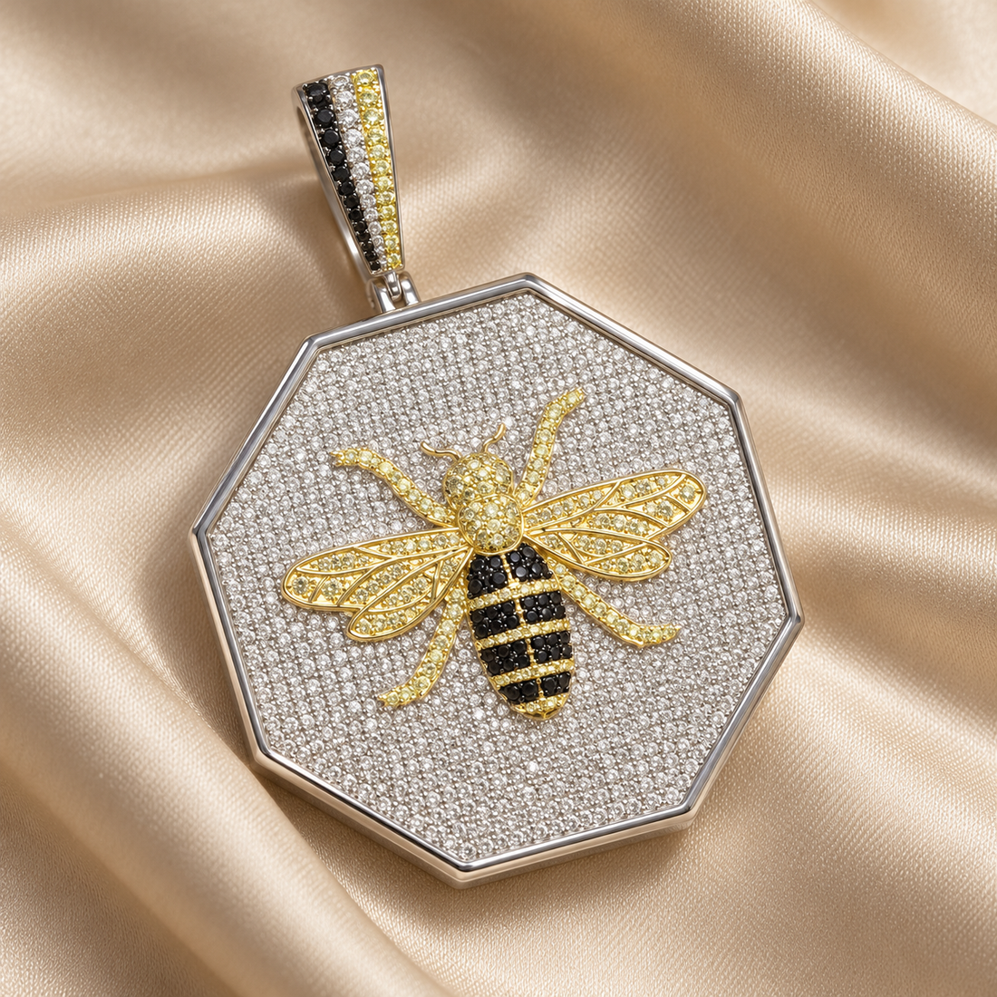 Octagonal Pavé Bee Pendant with Yellow Gold-Tone Detailing and Black Stone Accents