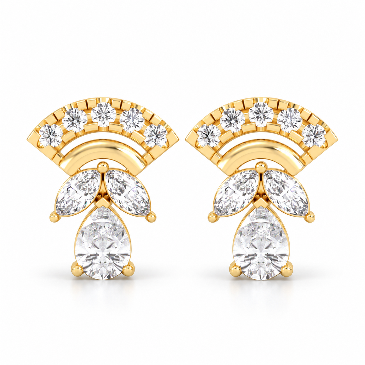 Fan-Shaped Marquise & Pear-Cut Yellow Gold Stud Earrings