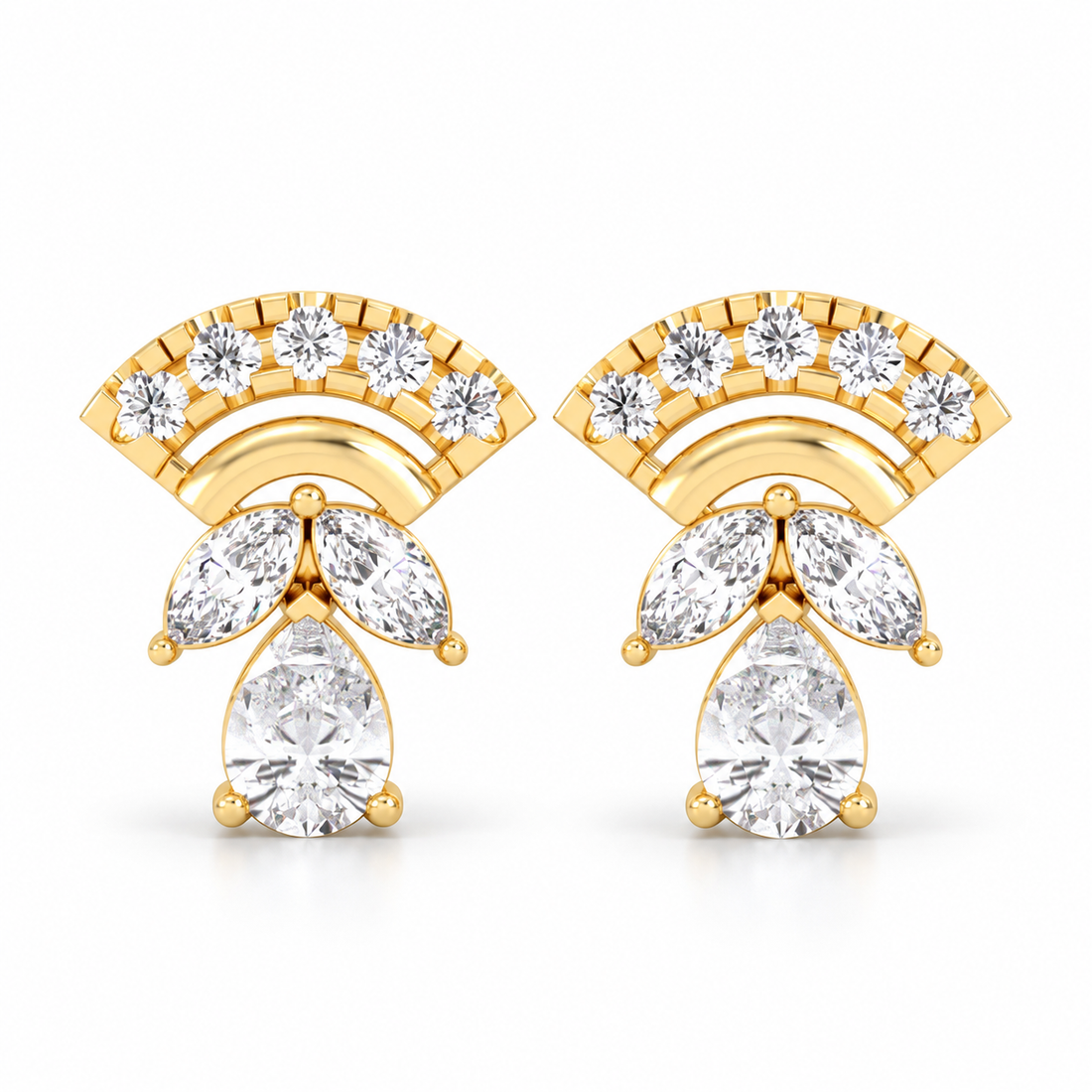 Fan-Shaped Marquise & Pear-Cut Yellow Gold Stud Earrings