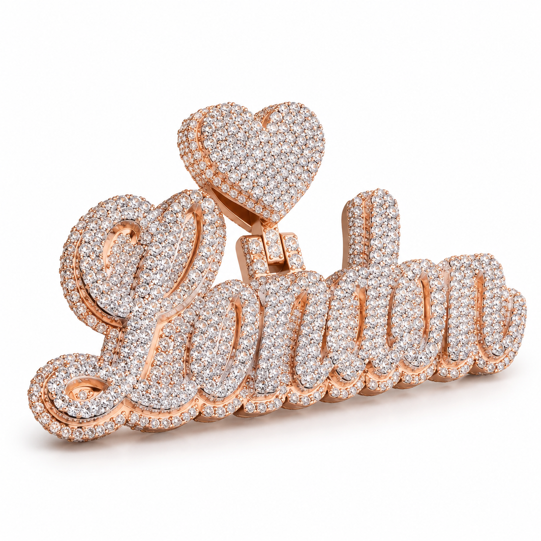 Custom Heart Script Name Iced Out Rose Gold-Tone Pendant – Personalized Hip Hop Jewelry