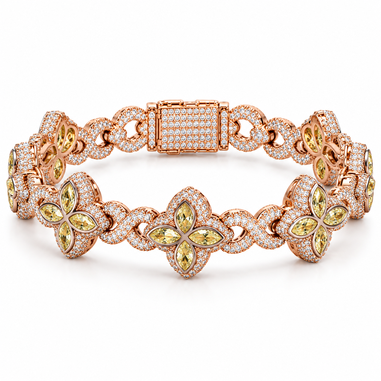 Iced Out Yellow Four Petal Flower Bracelet | Rose Gold Hip Hop Jewelry