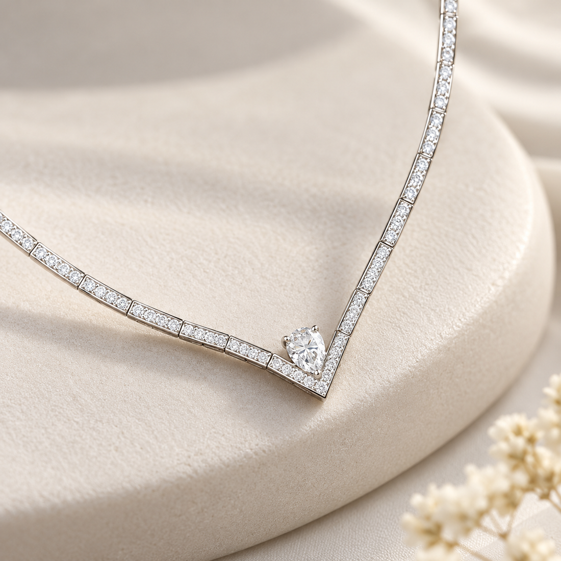Pear Cut V-Shaped Pavé White Gold Necklace