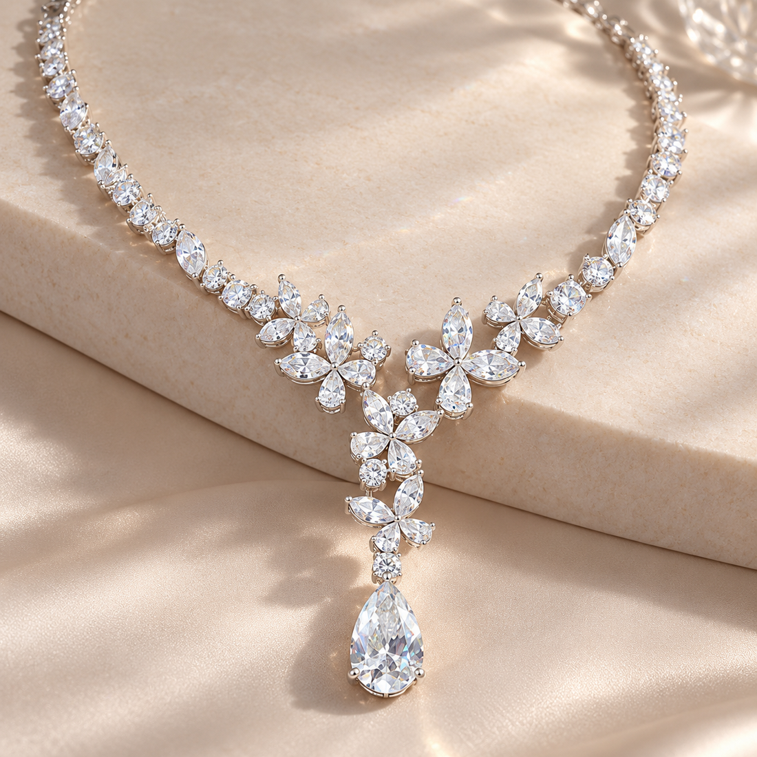 Marquise Floral Pear Drop White Gold Y Necklace