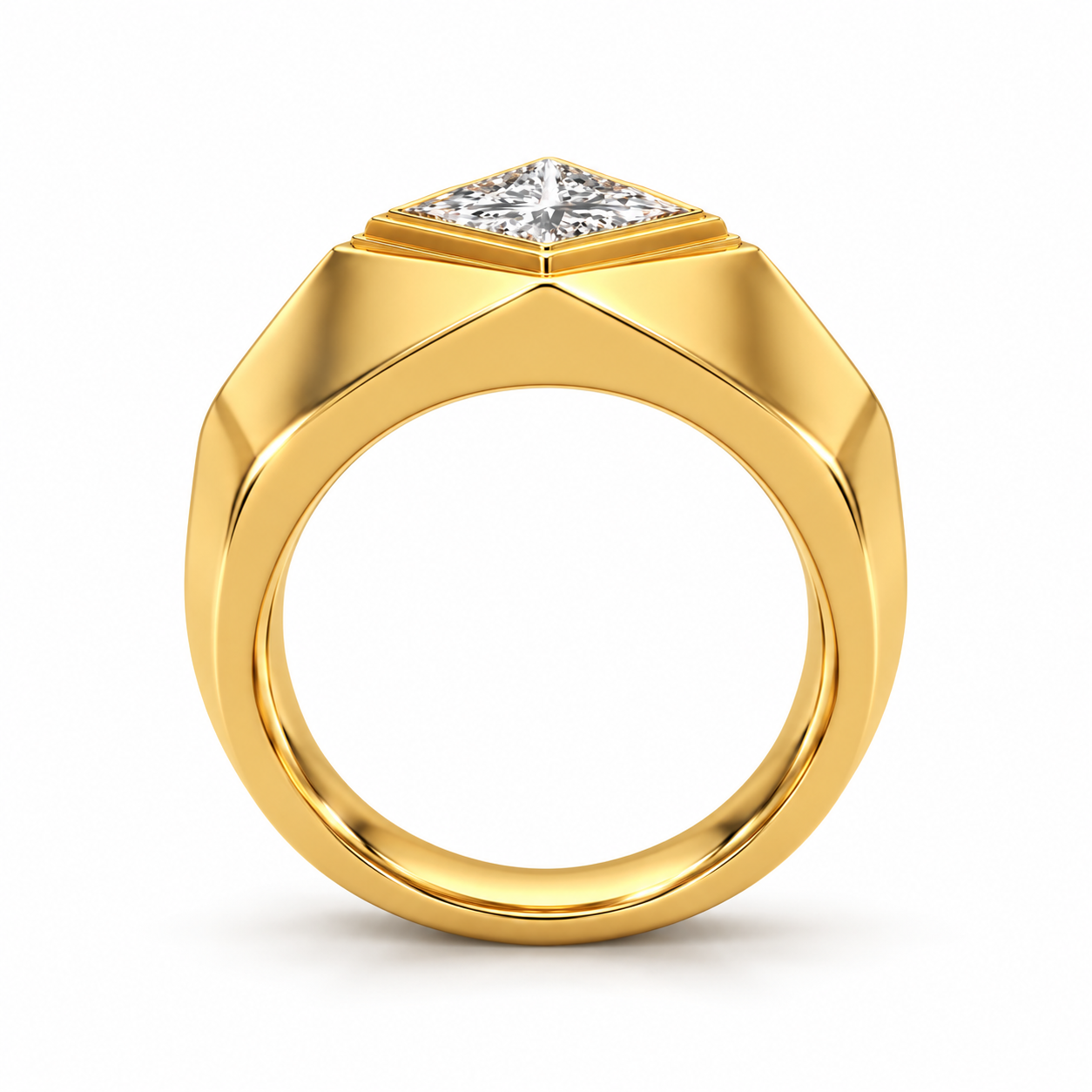 Princess Cut Solitaire Yellow Gold-Tone Geometric Signet Ring