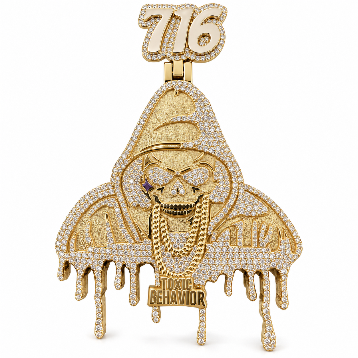 716 Hooded Skull Toxic Behavior Pendant – Custom Iced Out Gold Tone Hip Hop Jewelry