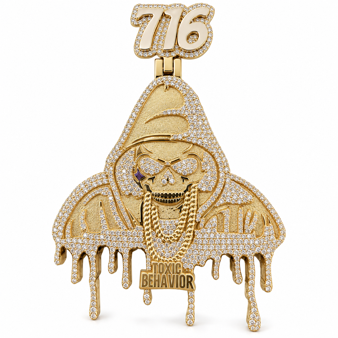 716 Hooded Skull Toxic Behavior Pendant – Custom Iced Out Gold Tone Hip Hop Jewelry