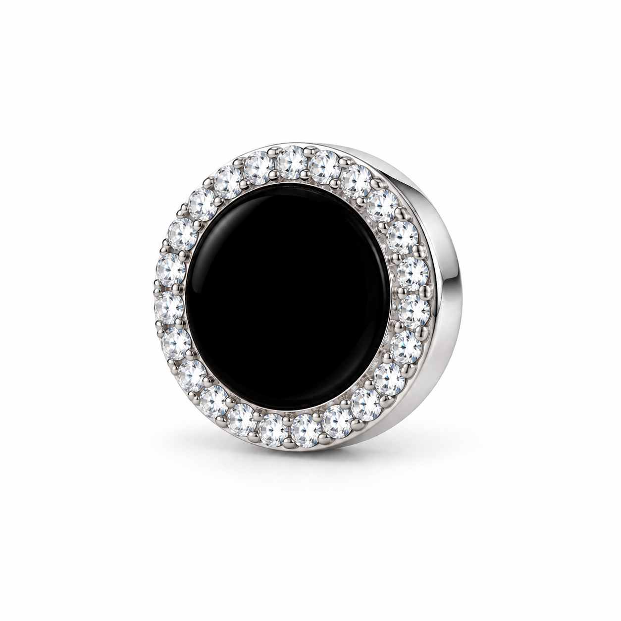 Men’s Round Black Center Halo Silver-Tone Stud Earring