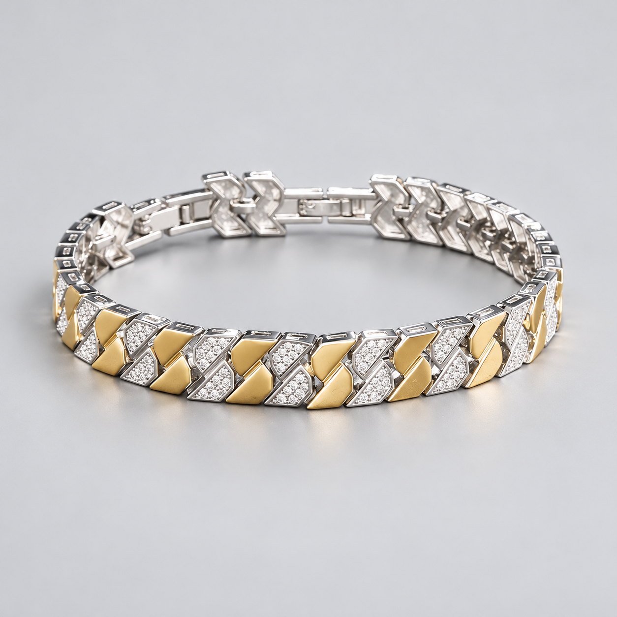 Two-Tone Yellow Gold and Silver-Tone Geometric Pavé Link Bracelet