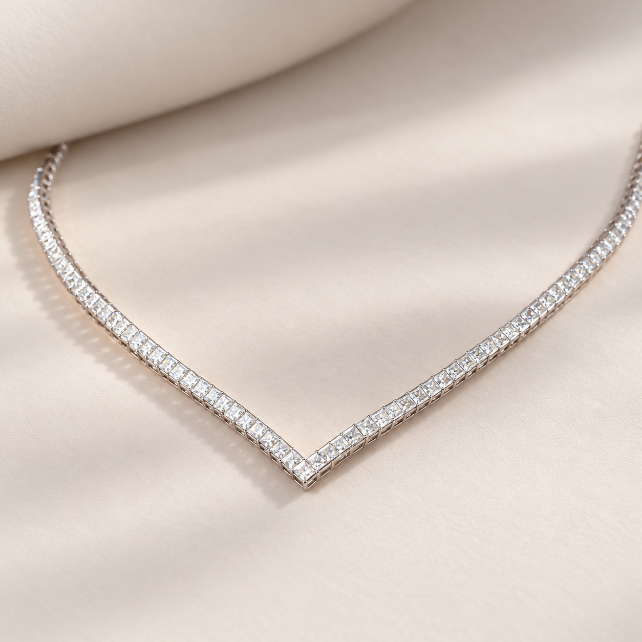 Princess Cut V-Shaped White Gold Tennis Necklace