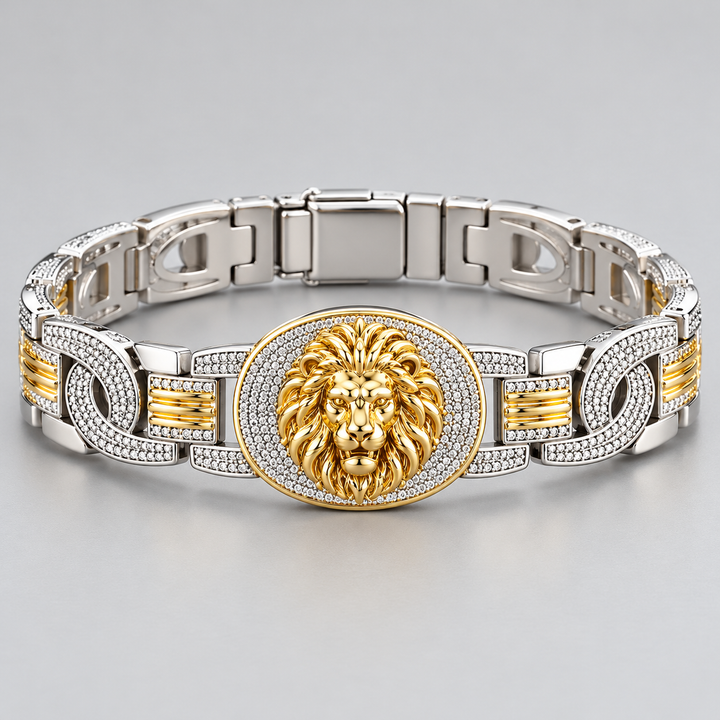 Two-Tone Gold and Silver Lion Head Pavé Link Bracelet