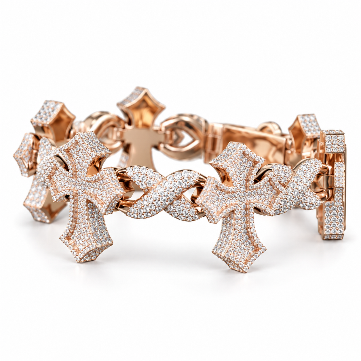 Outlined Pavé Cross & Infinity Link Rose Gold-Tone Bracelet – Custom Iced Out Hip Hop Jewelry
