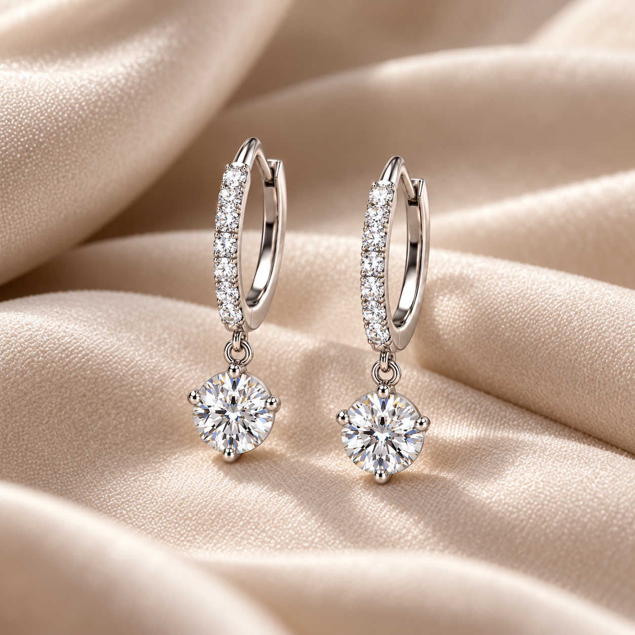 Round Solitaire Drop Earrings with Pavé Hinged Hoops