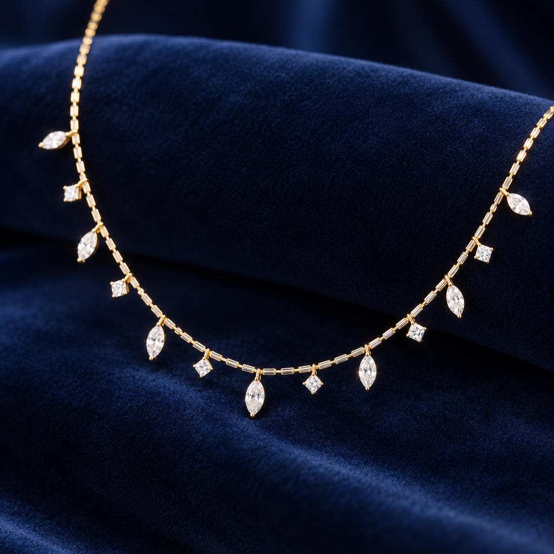 Marquise & Princess Cut Drop Yellow Gold Station Necklace