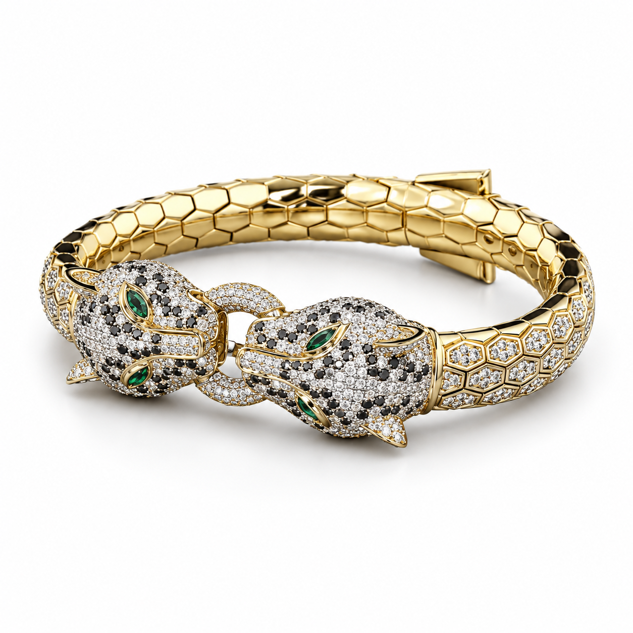 Double Panther Head Yellow Gold-Tone Bracelet with Green Eyes – Custom Iced Out Statement Jewelry