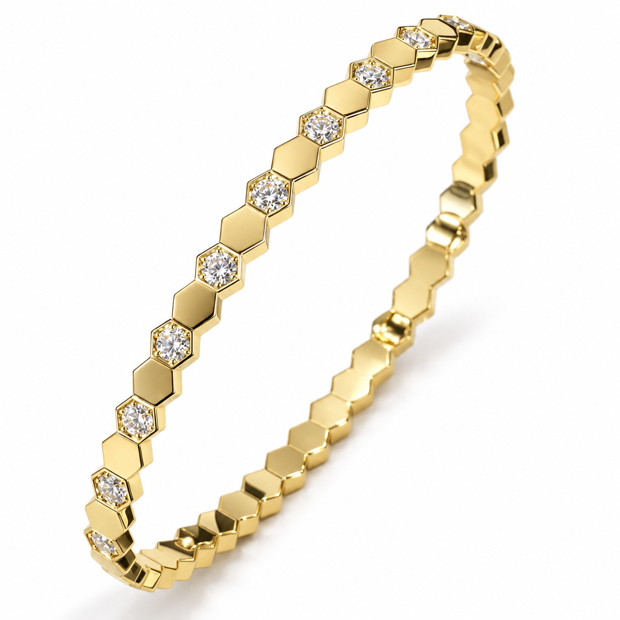 Clear Round Stone Alternating Hexagon Yellow Gold-Tone Bangle Bracelet