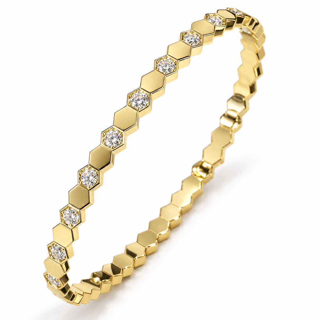 Clear Round Stone Alternating Hexagon Yellow Gold-Tone Bangle Bracelet