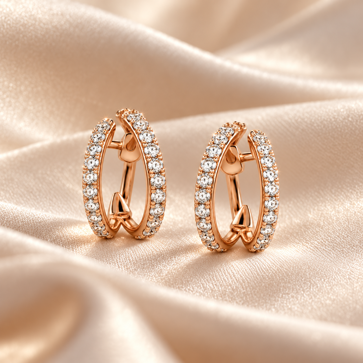 Round Stone Double Hoop Earrings in Rose Gold Tone