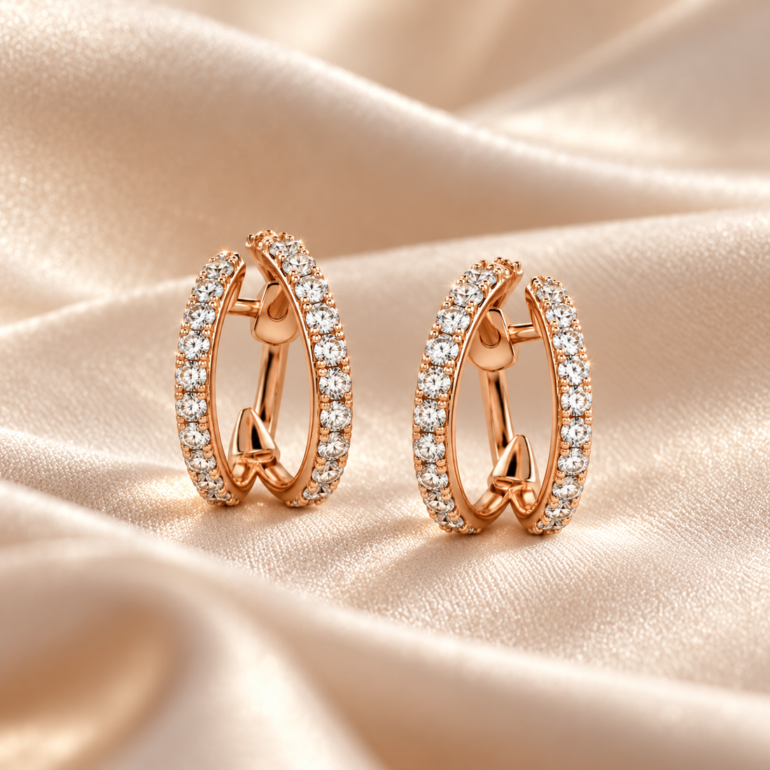 Round Stone Double Hoop Earrings in Rose Gold Tone