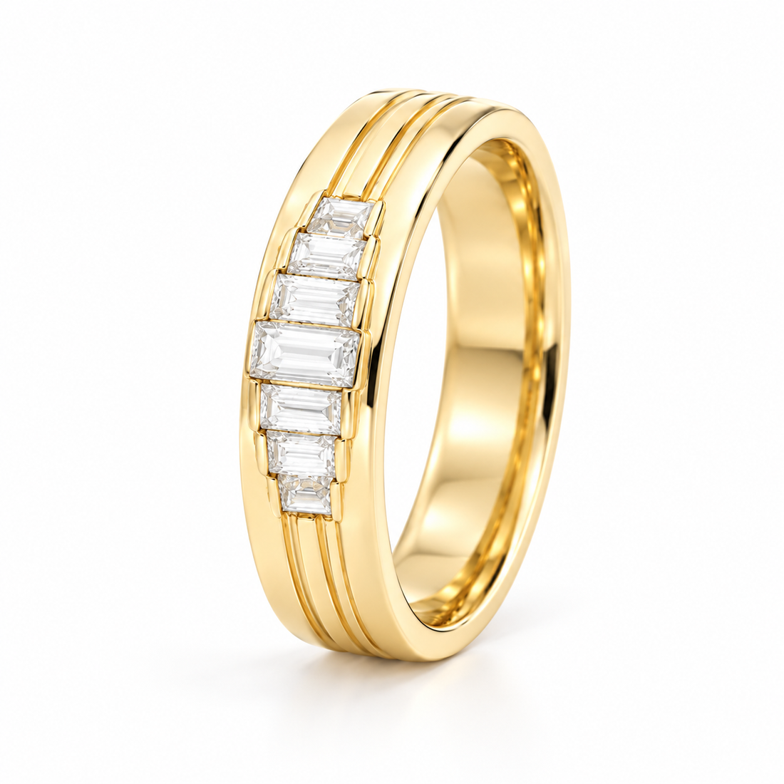 Seven Stone Graduated Baguette Yellow Gold-Tone Grooved Band Ring