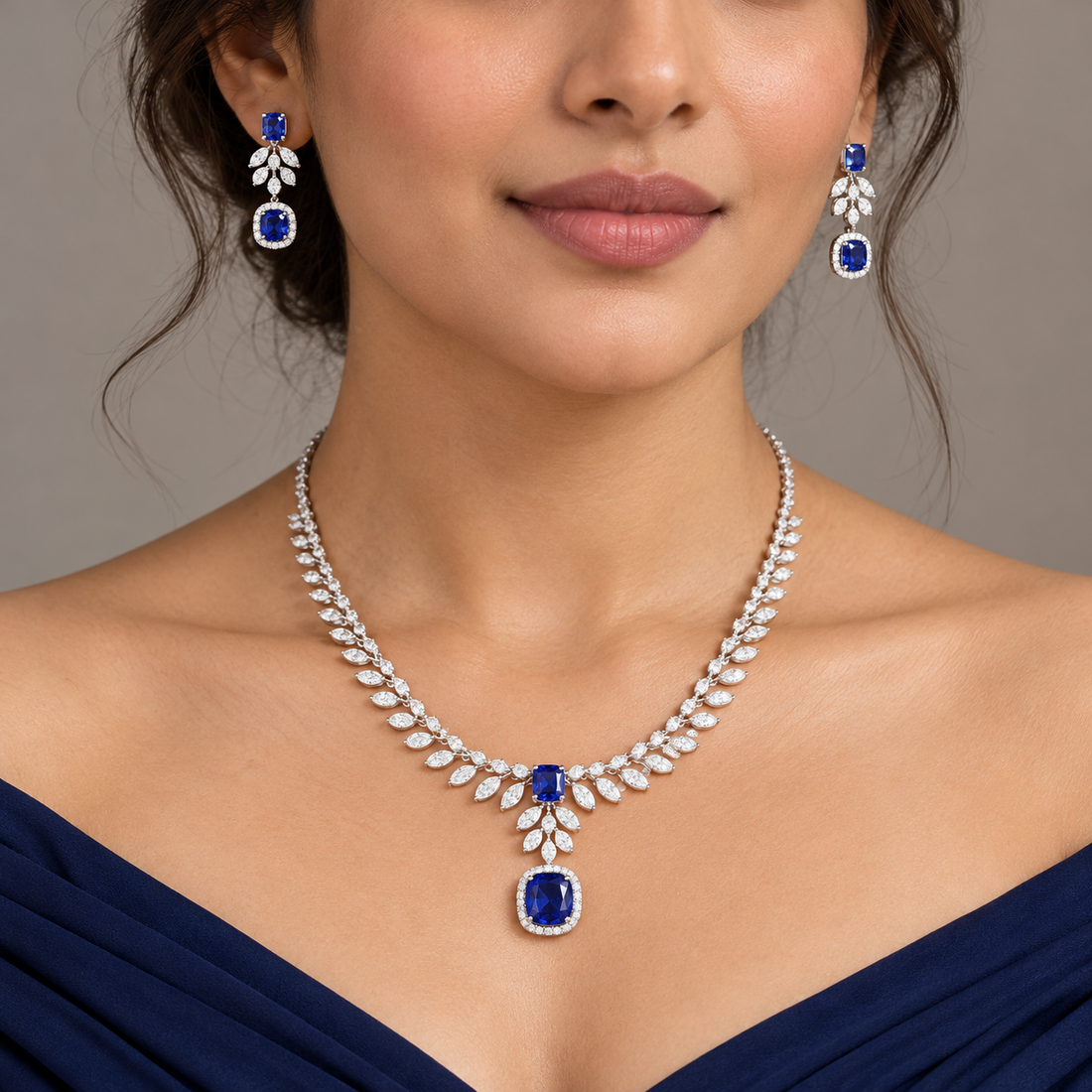 Royal Blue Halo Drop and Marquise Leaf Bridal Necklace and Earrings Set