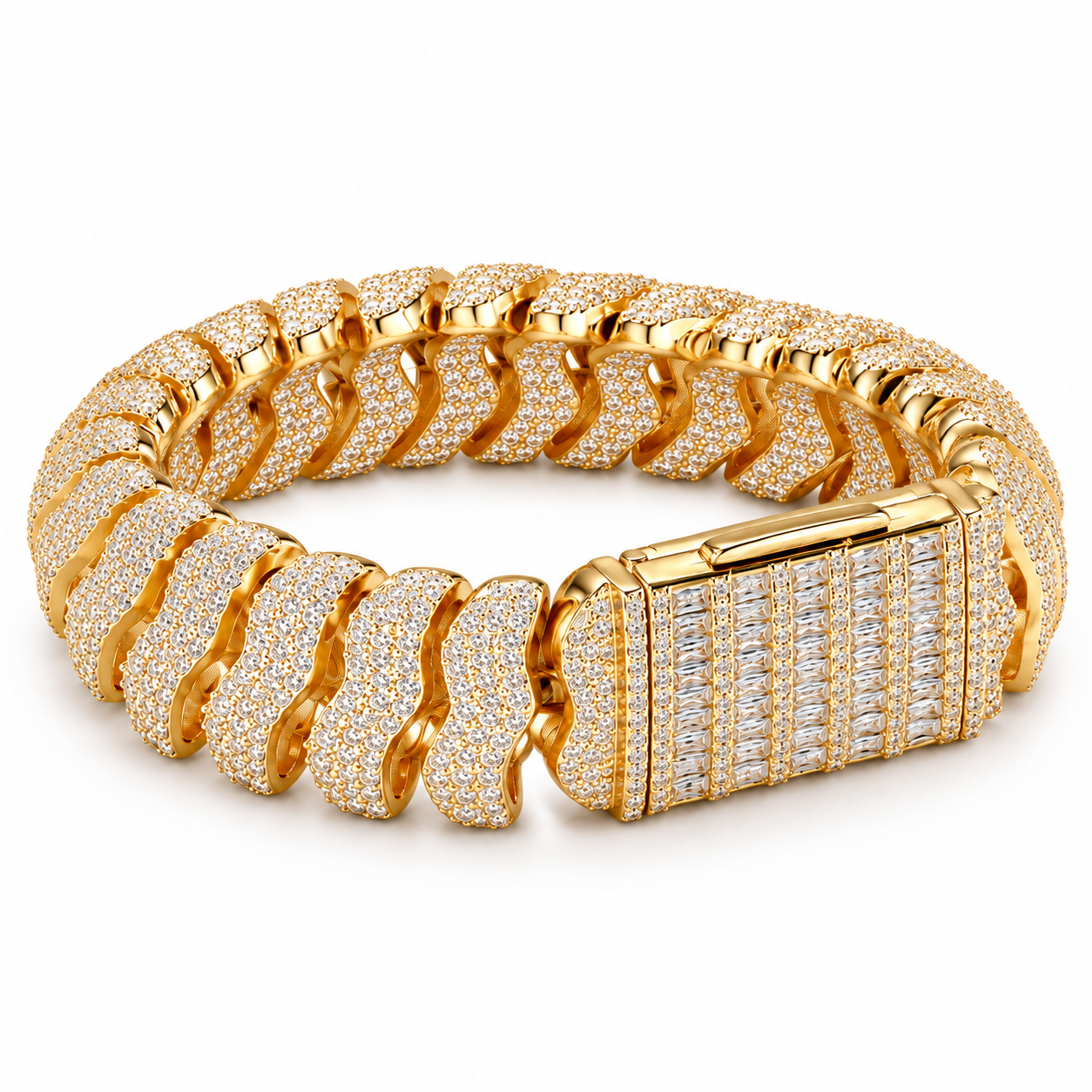 Iced Out Gold Cuban Link Bracelet With Baguette Clasp | Custom Hip Hop Jewelry