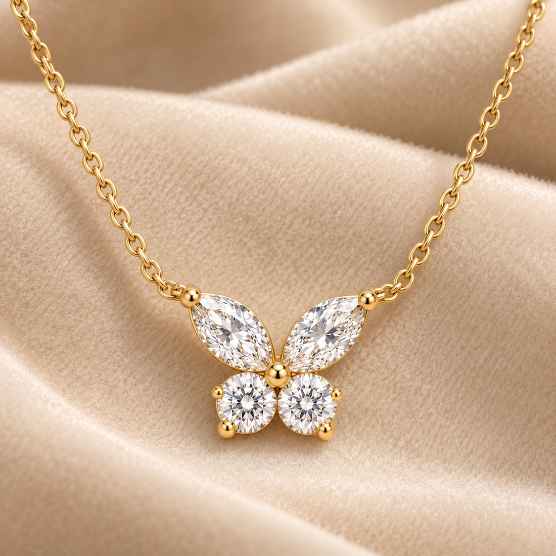 Marquise & Round Cut Butterfly Yellow Gold Necklace