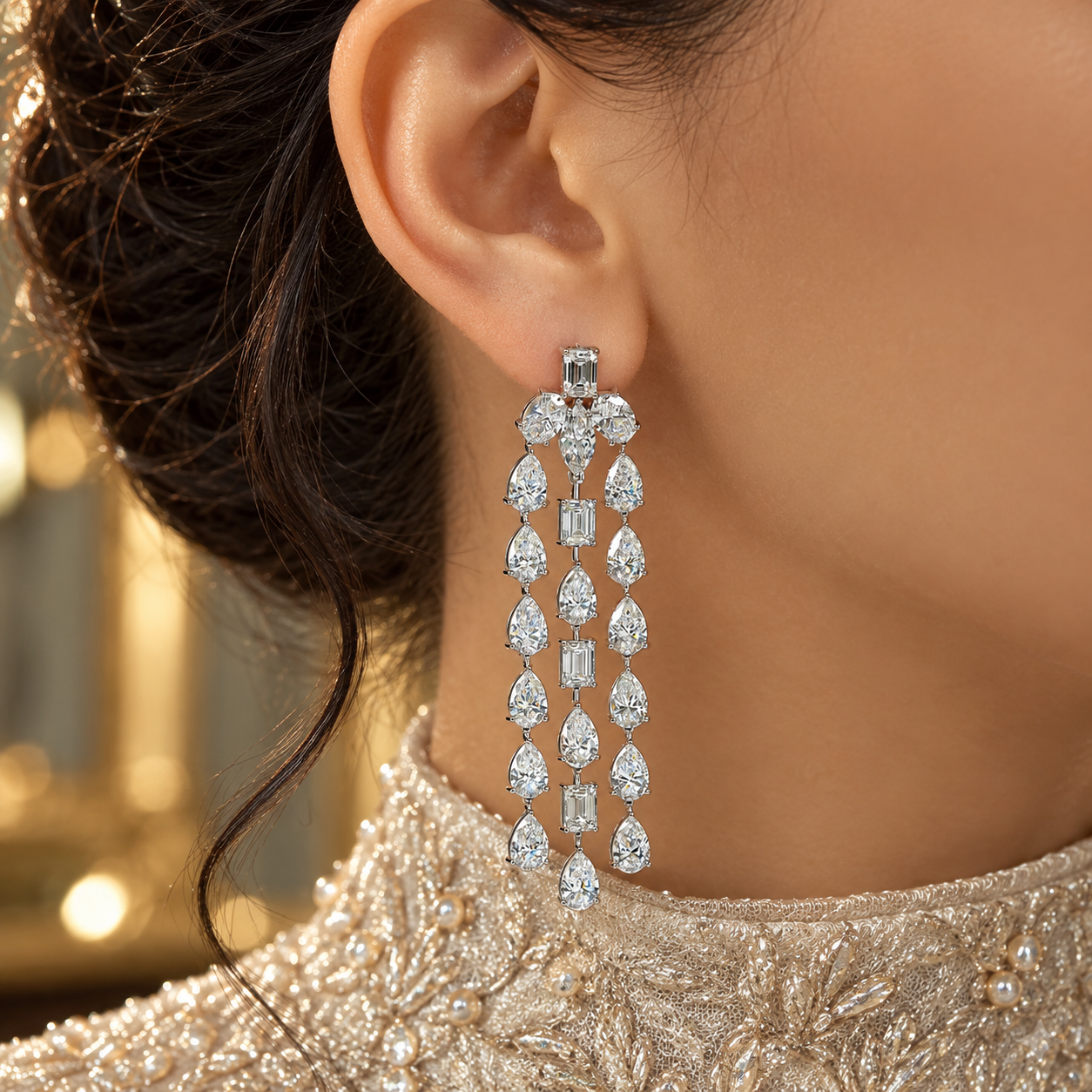 Mixed Cut Three-Strand Chandelier Earrings in White Gold Tone