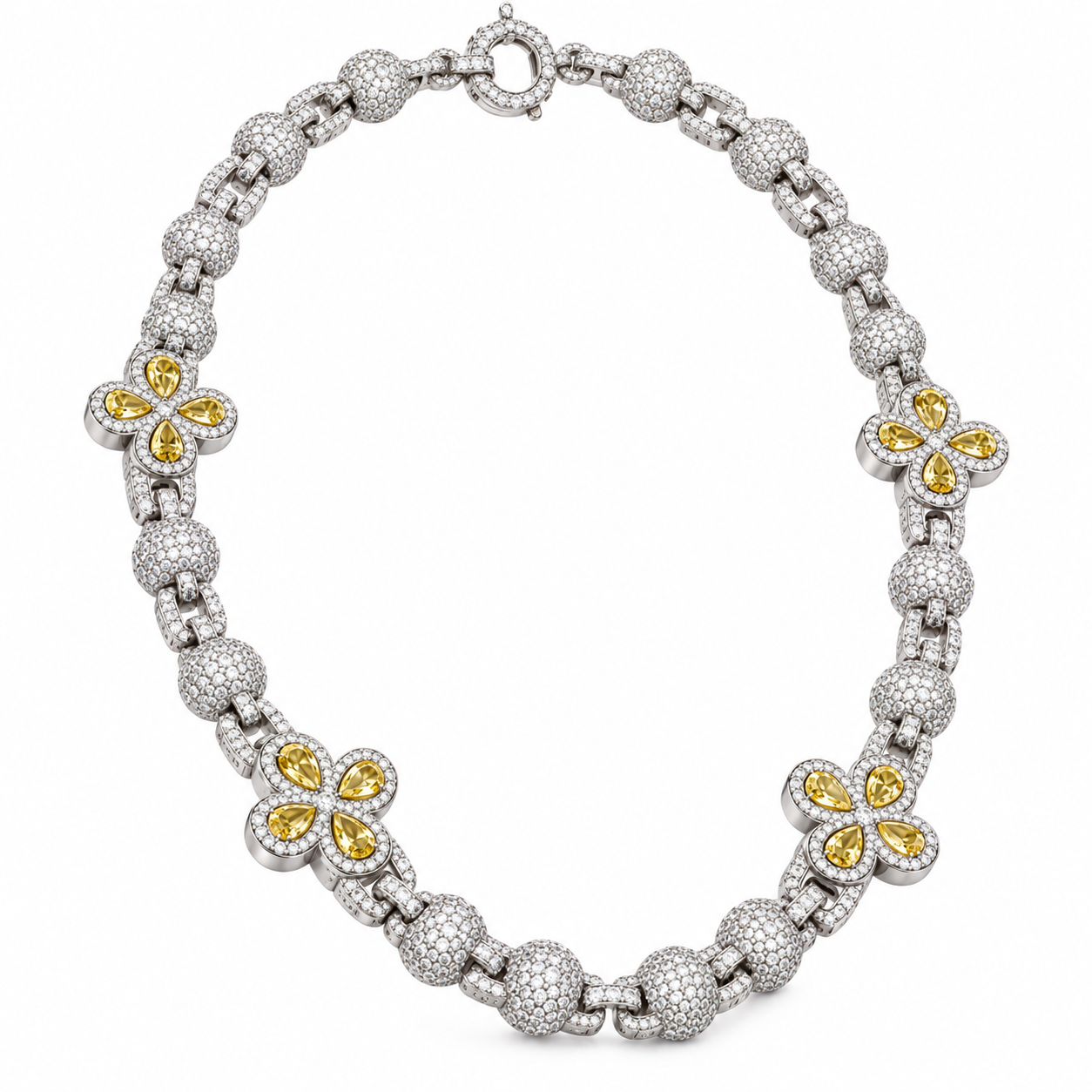 Iced Out Yellow Stone Floral Bead Link Necklace | Custom Hip Hop Jewelry
