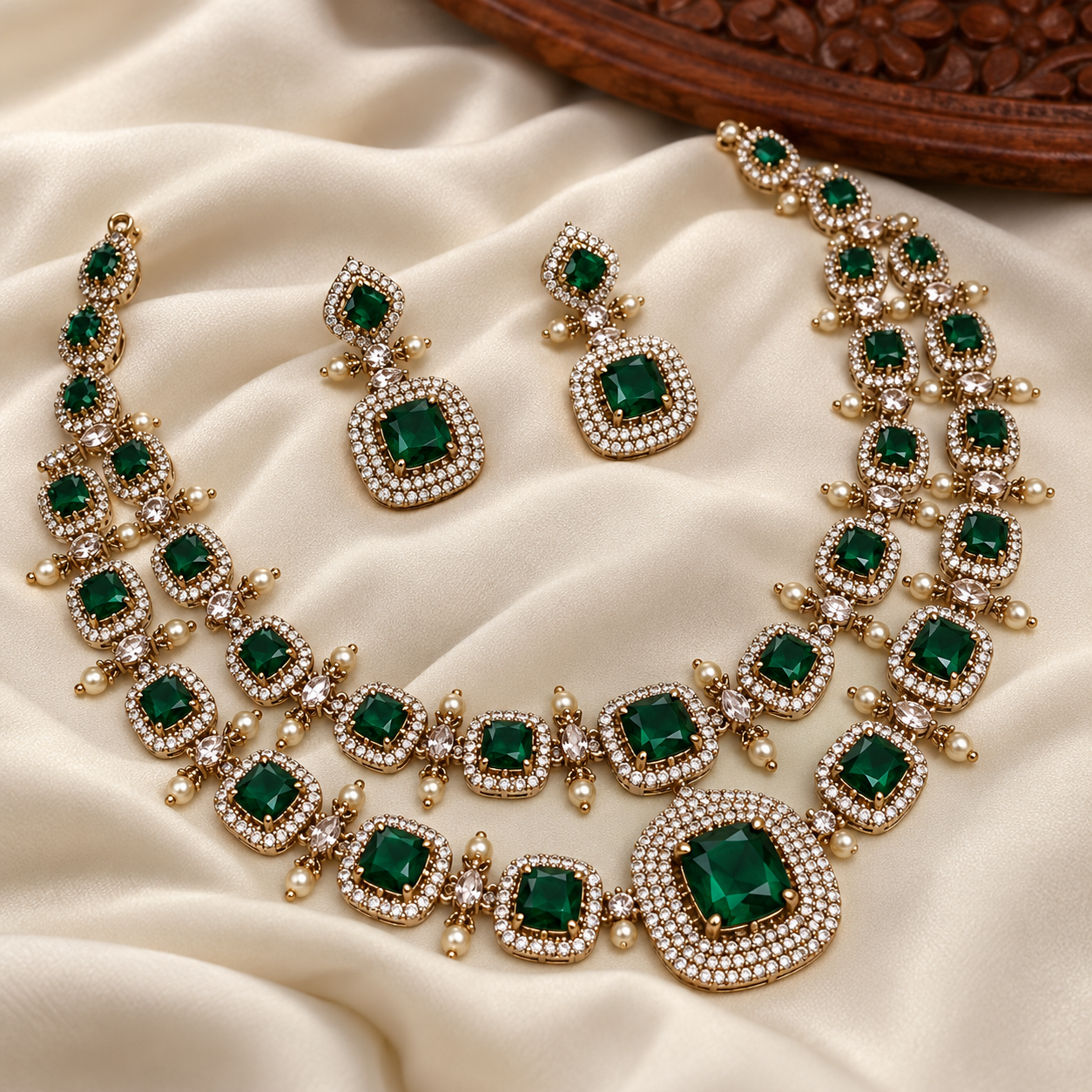 Green Cushion Cut Halo Yellow Gold Bridal Necklace & Earrings Set