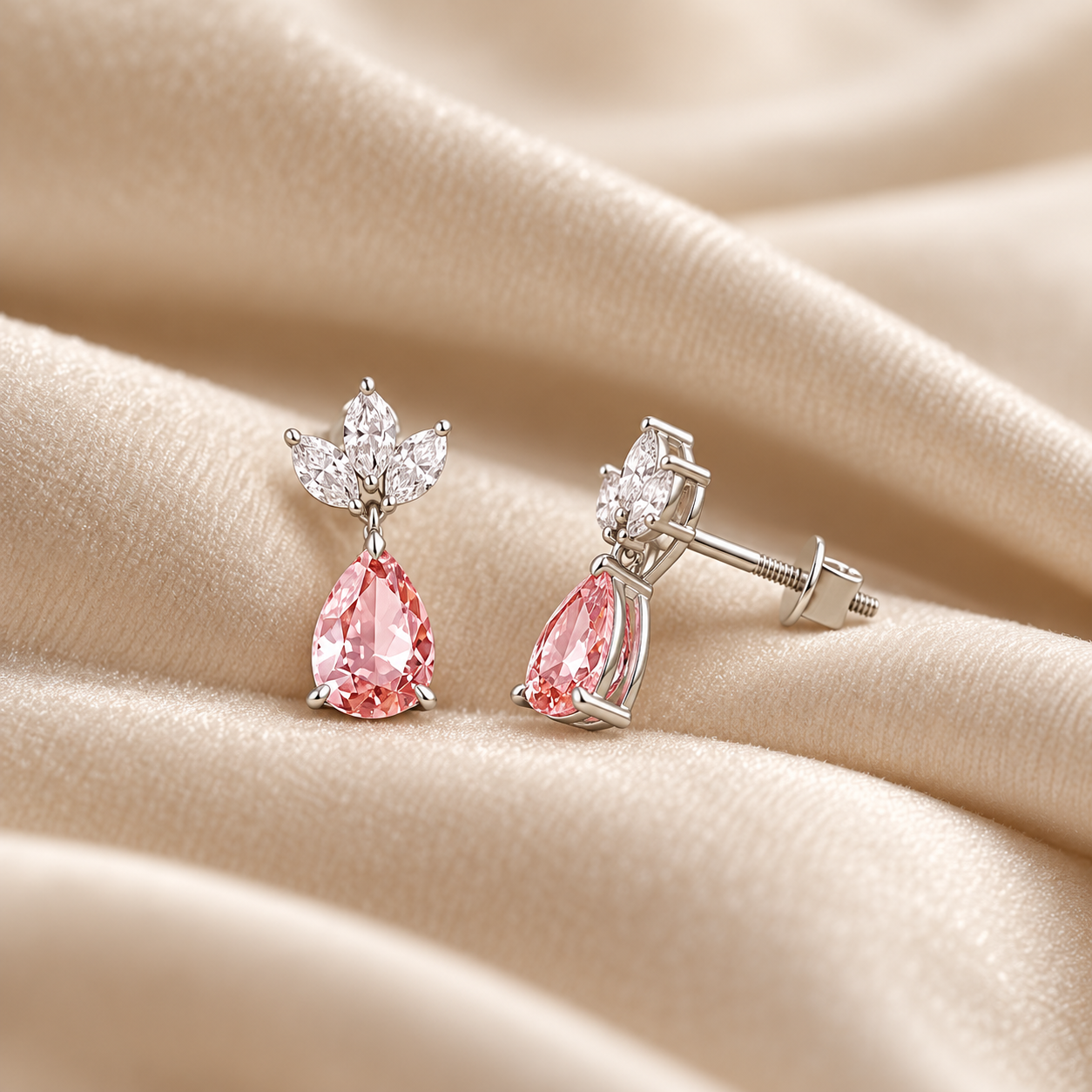 Pink Pear Drop Earrings with Marquise Leaf Cluster