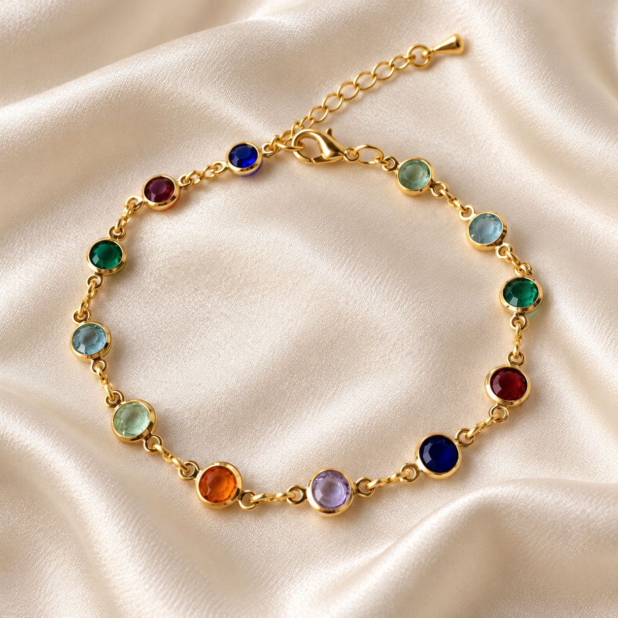 Multicolor Round Bezel-Set Station Bracelet in Yellow Gold Tone