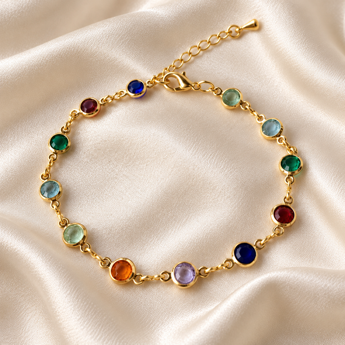 Multicolor Round Bezel-Set Station Bracelet in Yellow Gold Tone