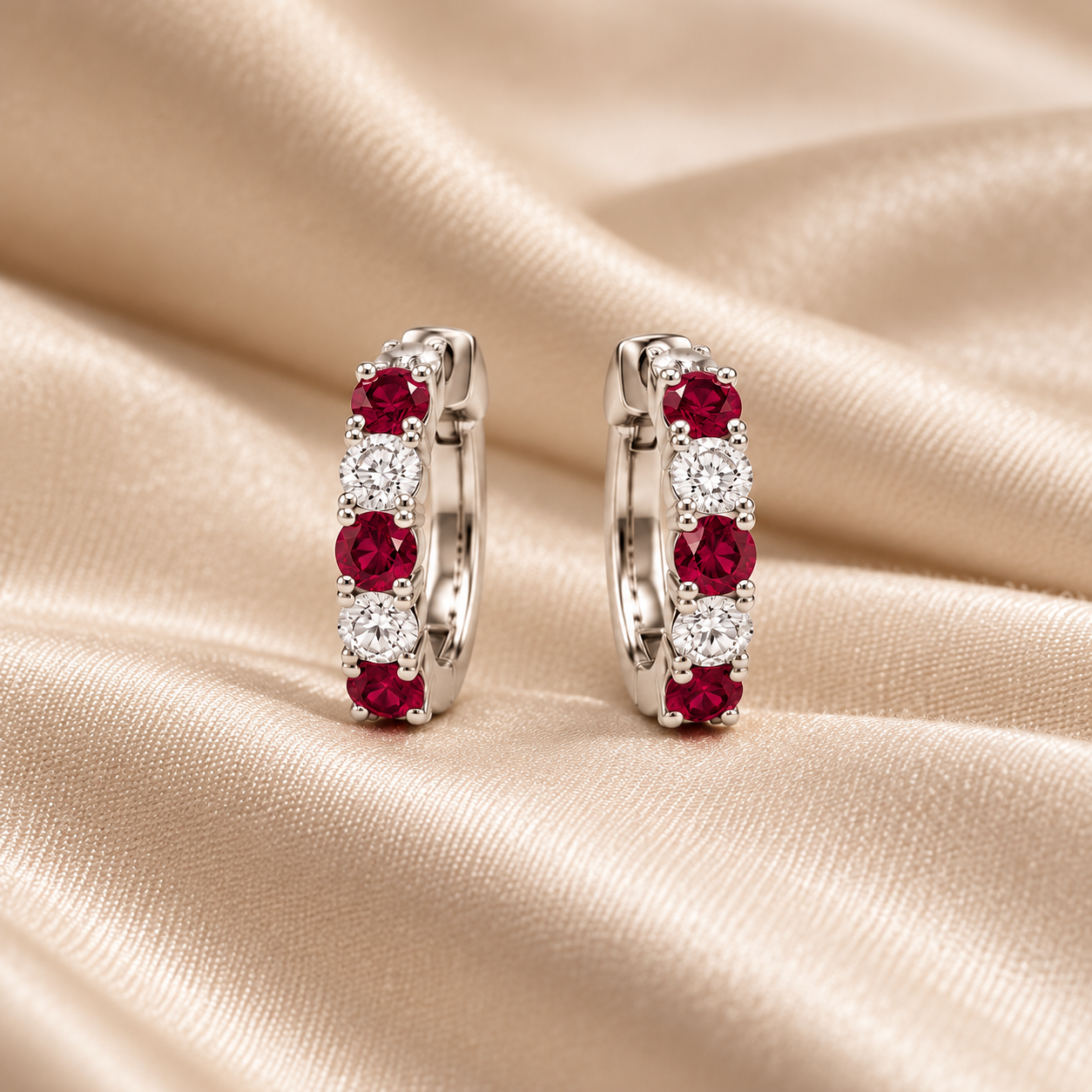Red & White Round Stone Hoop Earrings in White Gold Tone