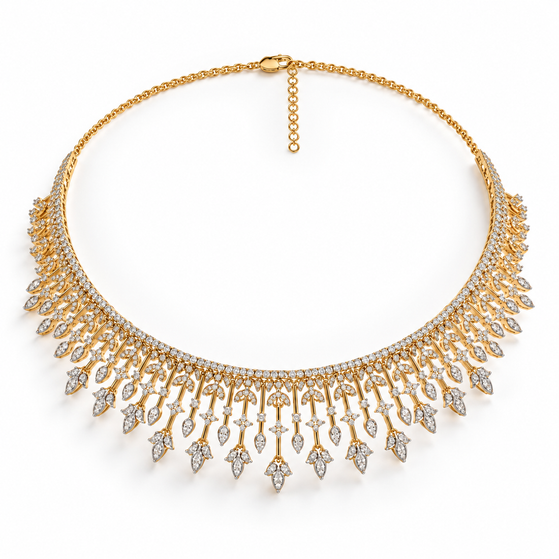 Marquise Leaf Fringe Pavé Yellow Gold Bridal Statement Necklace