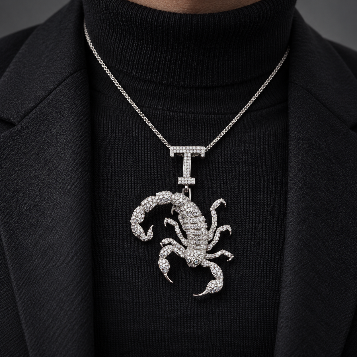 Scorpion White Metal-Tone Pavé Pendant with Curled Tail and T Initial Bail